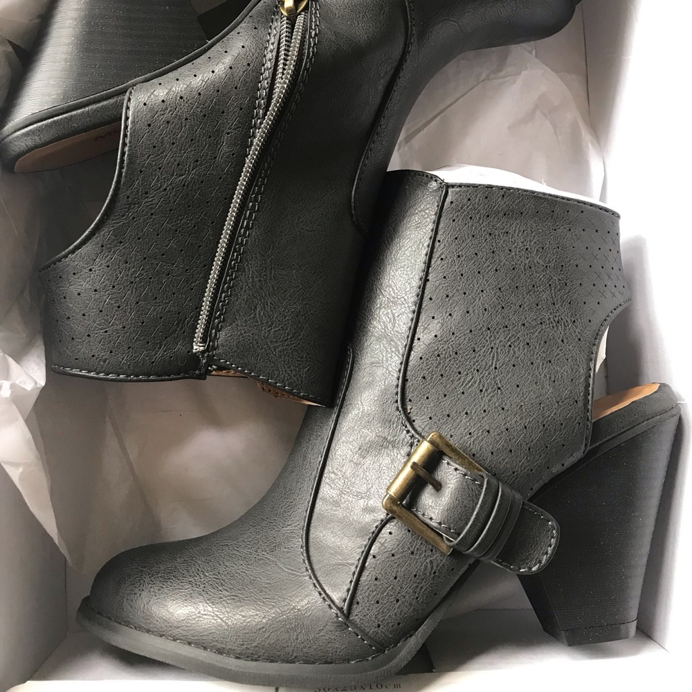 Brand new charcoal Momo open heel booties in box